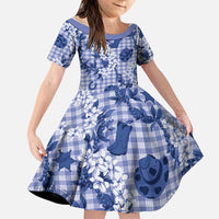 Mokihana Maile Ilima Leis Paniolo Palaka Family Matching Short Sleeve Bodycon Dress and Hawaiian Shirt Hawaiian Polu Spirit LT9 Daughter's Dress Blue - Polynesian Pride