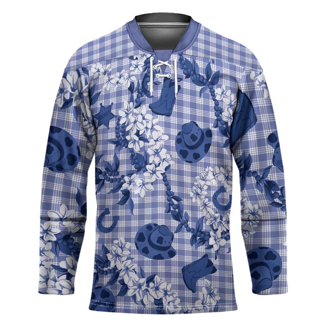 Mokihana Maile Ilima Leis Paniolo Palaka Hockey Jersey Hawaiian Polu Spirit LT9 Unisex Blue - Polynesian Pride