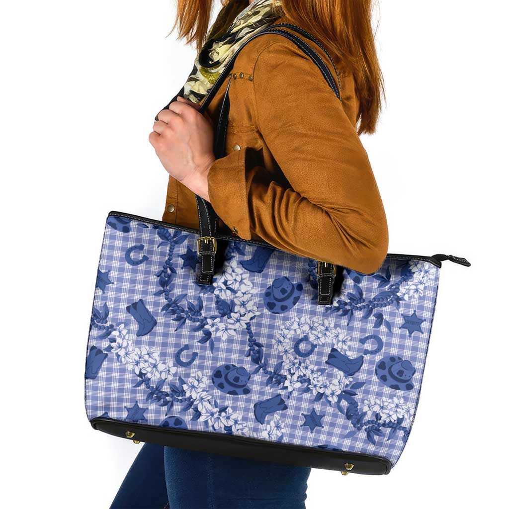 Mokihana Maile Ilima Leis Paniolo Palaka Leather Tote Bag Hawaiian Polu Spirit LT9 Blue - Polynesian Pride