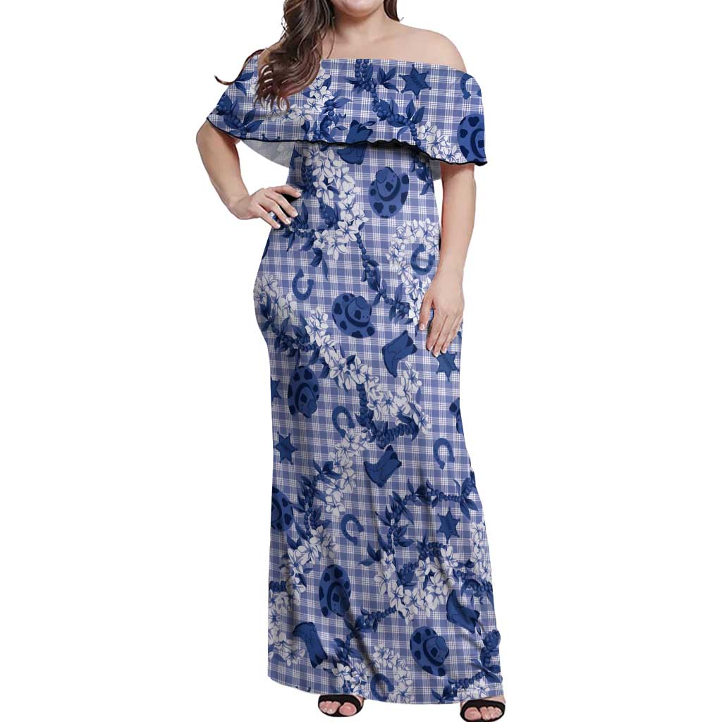 Mokihana Maile Ilima Leis Paniolo Palaka Off Shoulder Maxi Dress Hawaiian Polu Spirit LT9 Women Blue - Polynesian Pride