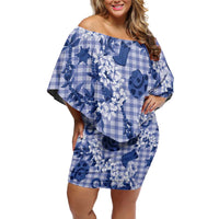 Mokihana Maile Ilima Leis Paniolo Palaka Off Shoulder Short Dress Hawaiian Polu Spirit LT9 Women Blue - Polynesian Pride