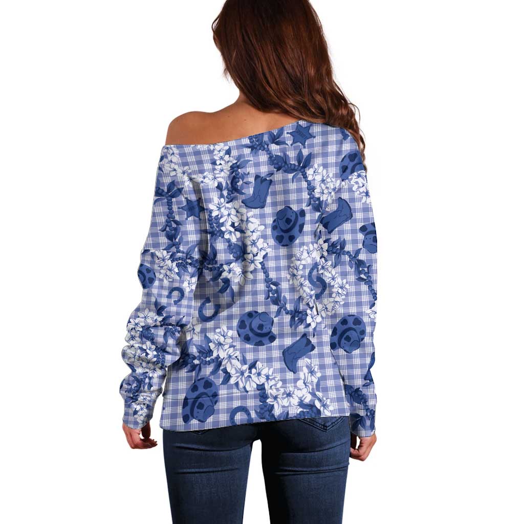 Mokihana Maile Ilima Leis Paniolo Palaka Off Shoulder Sweater Hawaiian Polu Spirit LT9 - Polynesian Pride