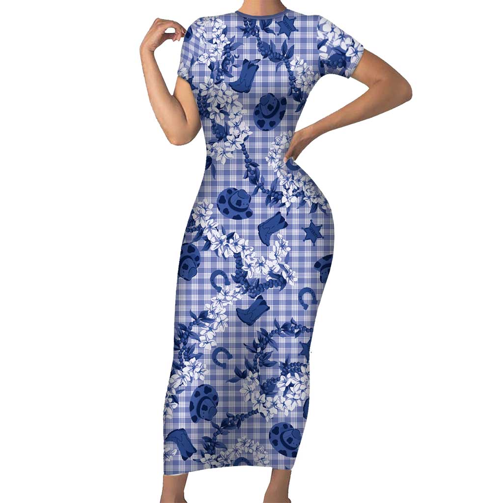 Mokihana Maile Ilima Leis Paniolo Palaka Short Sleeve Bodycon Dress Hawaiian Polu Spirit LT9 Long Dress Blue - Polynesian Pride
