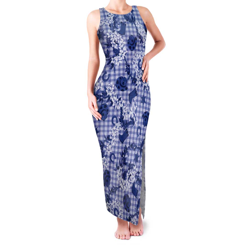 Mokihana Maile Ilima Leis Paniolo Palaka Tank Maxi Dress Hawaiian Polu Spirit LT9 Women Blue - Polynesian Pride