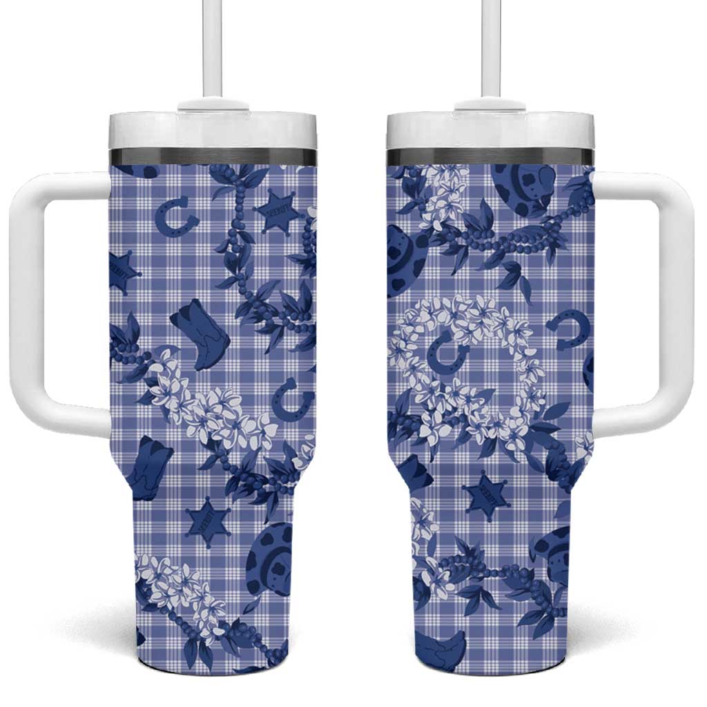Mokihana Maile Ilima Leis Paniolo Palaka Tumbler With Handle Hawaiian Polu Spirit LT9 One Size: 40 oz Blue - Polynesian Pride