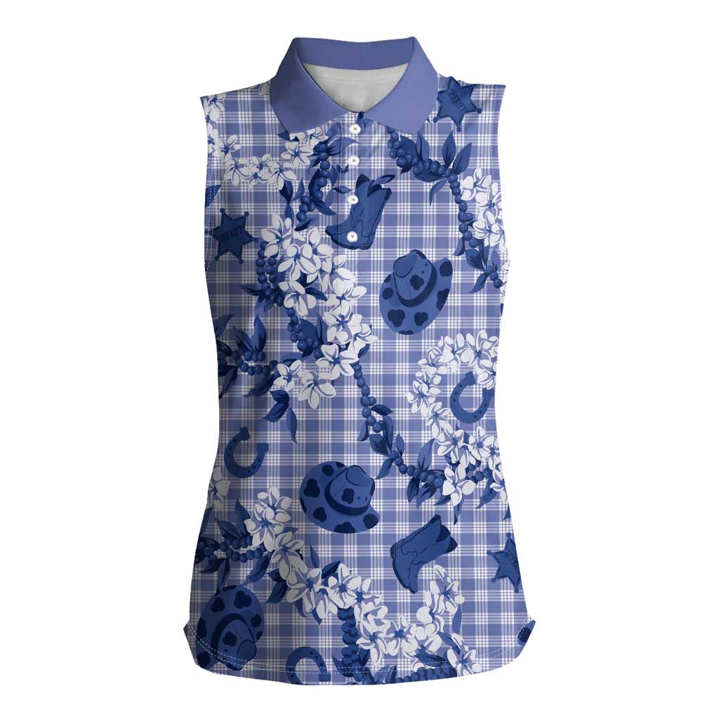 Mokihana Maile Ilima Leis Paniolo Palaka Women Sleeveless Polo Shirt Hawaiian Polu Spirit LT9 Female Blue - Polynesian Pride