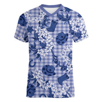 Mokihana Maile Ilima Leis Paniolo Palaka Women V-Neck T-Shirt Hawaiian Polu Spirit LT9 Female Blue - Polynesian Pride