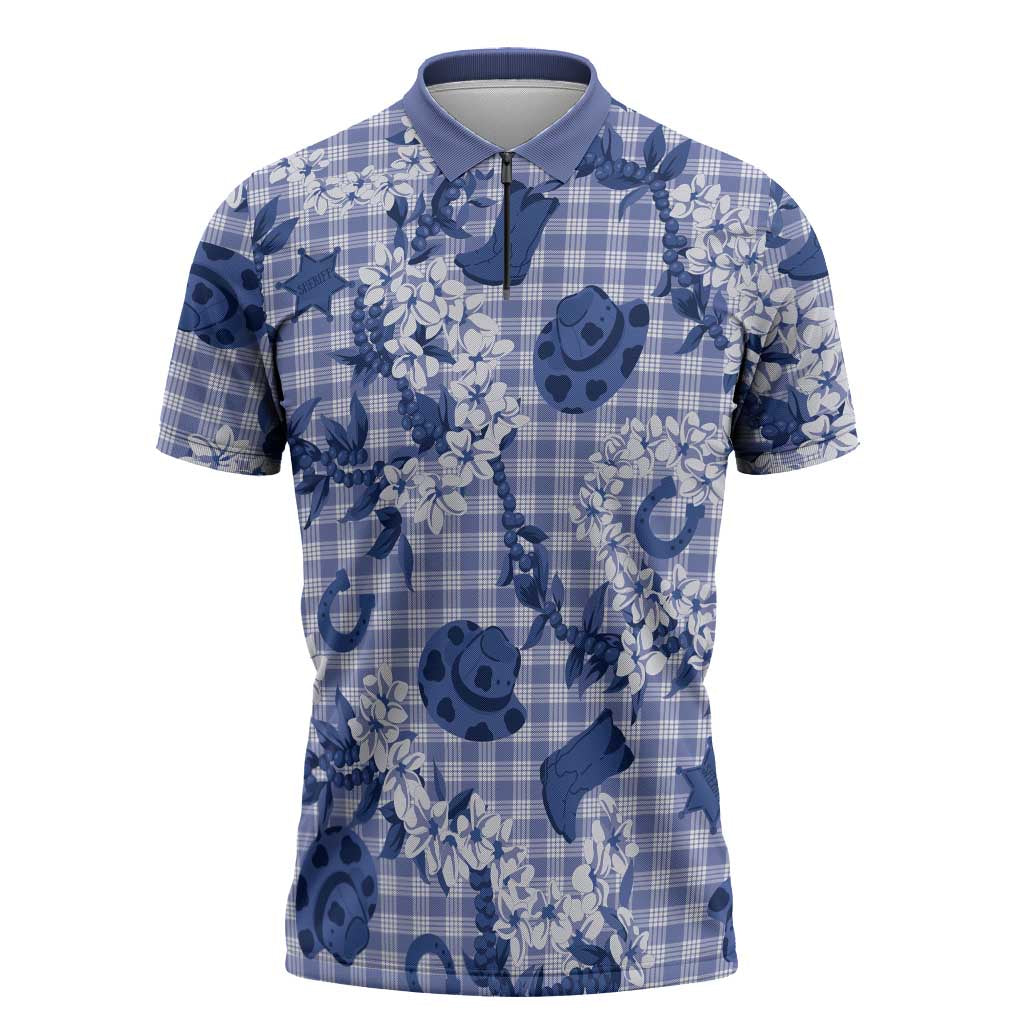 Mokihana Maile Ilima Leis Paniolo Palaka Zipper Polo Shirt Hawaiian Polu Spirit LT9 Blue - Polynesian Pride