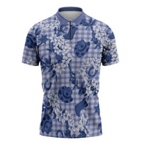 Mokihana Maile Ilima Leis Paniolo Palaka Zipper Polo Shirt Hawaiian Polu Spirit LT9 Blue - Polynesian Pride