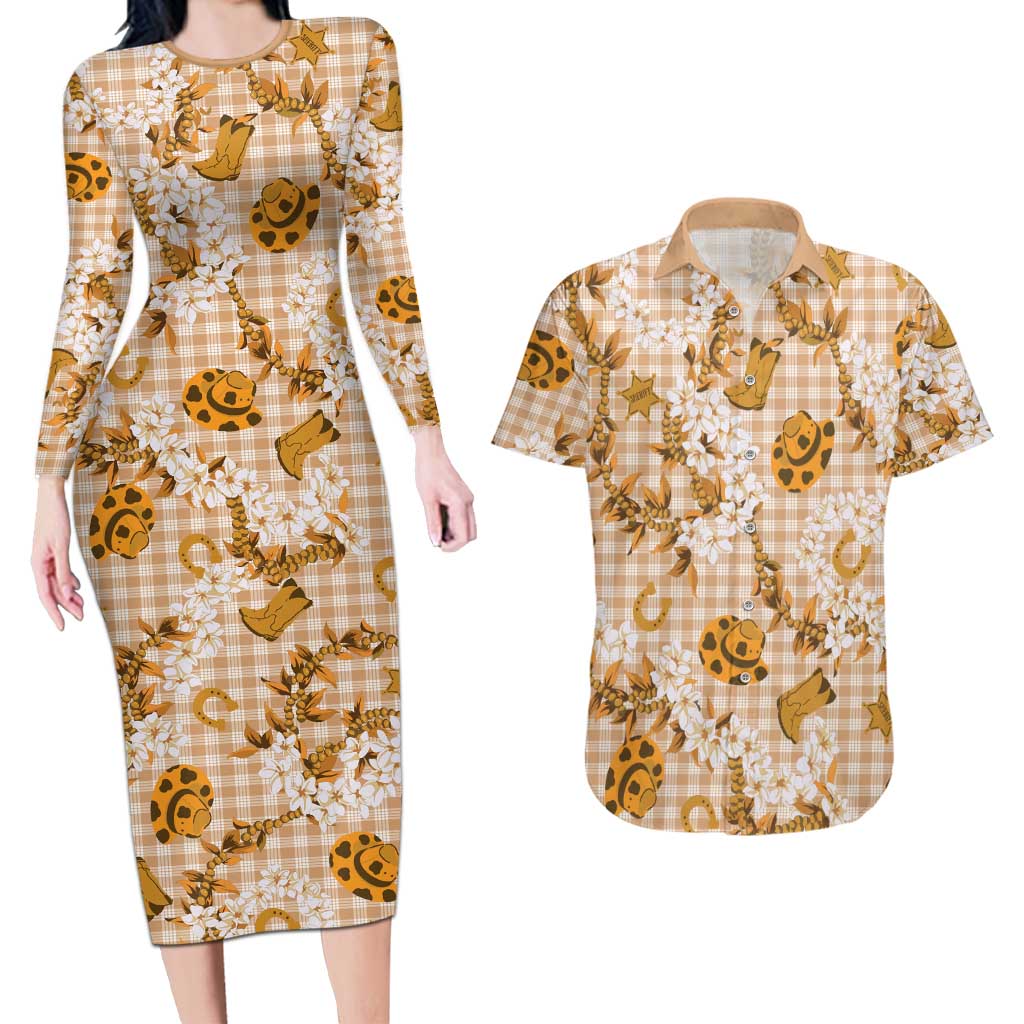 Mokihana Maile Ilima Leis Paniolo Palaka Couples Matching Long Sleeve Bodycon Dress and Hawaiian Shirt Hawaiian Kula Spirit - Polynesian Pride