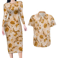 Mokihana Maile Ilima Leis Paniolo Palaka Couples Matching Long Sleeve Bodycon Dress and Hawaiian Shirt Hawaiian Kula Spirit LT9 Gold - Polynesian Pride
