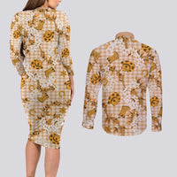 Mokihana Maile Ilima Leis Paniolo Palaka Couples Matching Long Sleeve Bodycon Dress and Long Sleeve Button Shirt Hawaiian Kula Spirit LT9 - Polynesian Pride