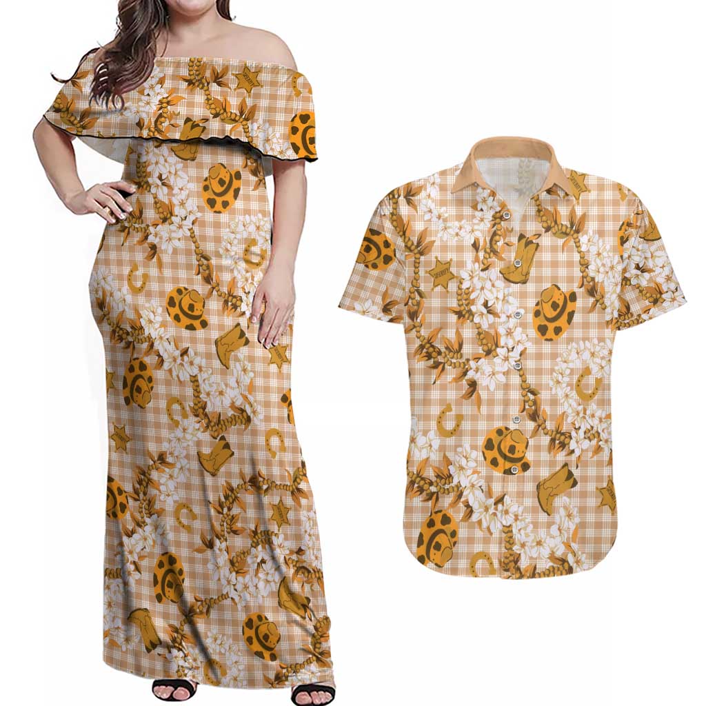 Mokihana Maile Ilima Leis Paniolo Palaka Couples Matching Off Shoulder Maxi Dress and Hawaiian Shirt Hawaiian Kula Spirit LT9 Gold - Polynesian Pride