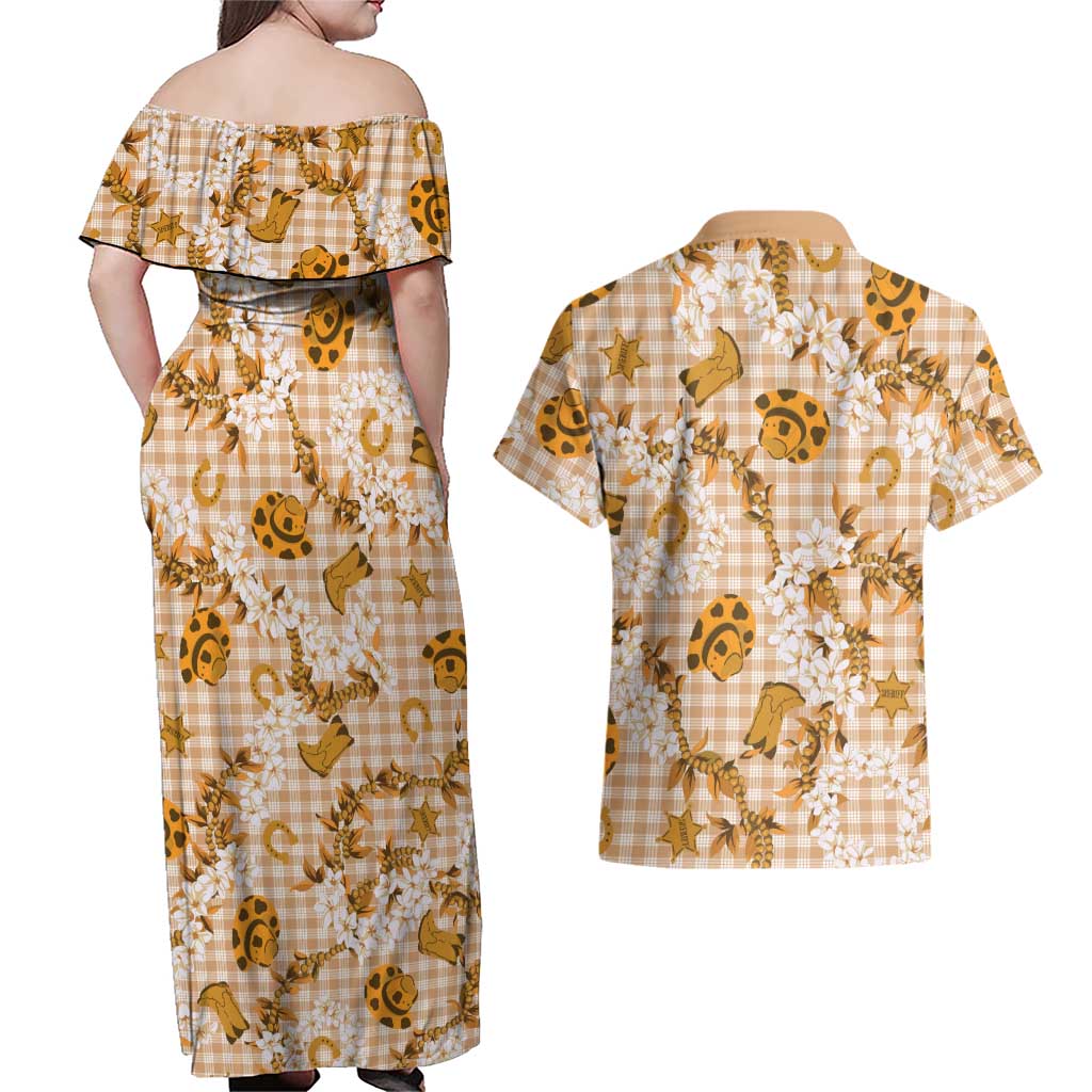 Mokihana Maile Ilima Leis Paniolo Palaka Couples Matching Off Shoulder Maxi Dress and Hawaiian Shirt Hawaiian Kula Spirit LT9 - Polynesian Pride
