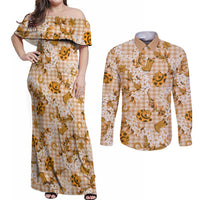 Mokihana Maile Ilima Leis Paniolo Palaka Couples Matching Off Shoulder Maxi Dress and Long Sleeve Button Shirt Hawaiian Kula Spirit LT9 Gold - Polynesian Pride