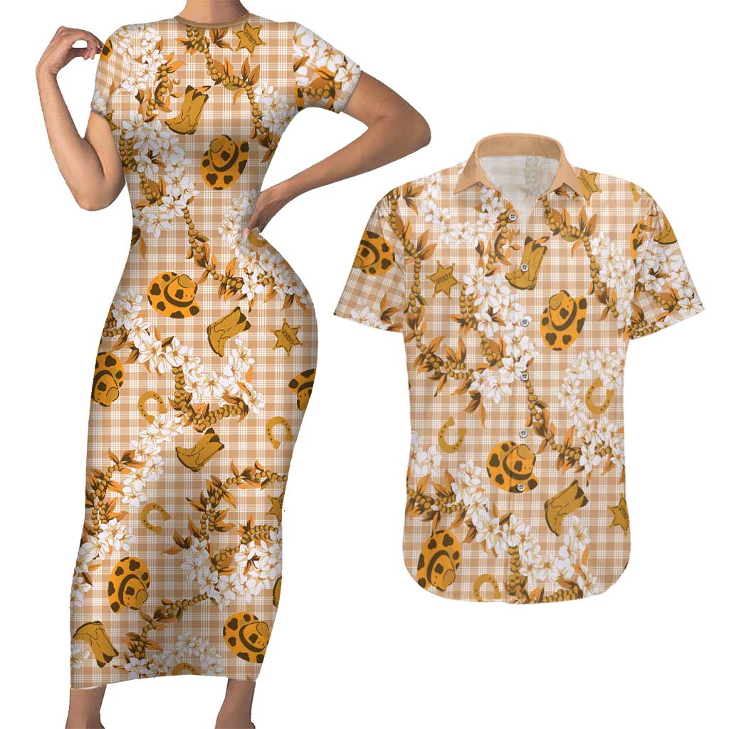 Mokihana Maile Ilima Leis Paniolo Palaka Couples Matching Short Sleeve Bodycon Dress and Hawaiian Shirt Hawaiian Kula Spirit - Polynesian Pride