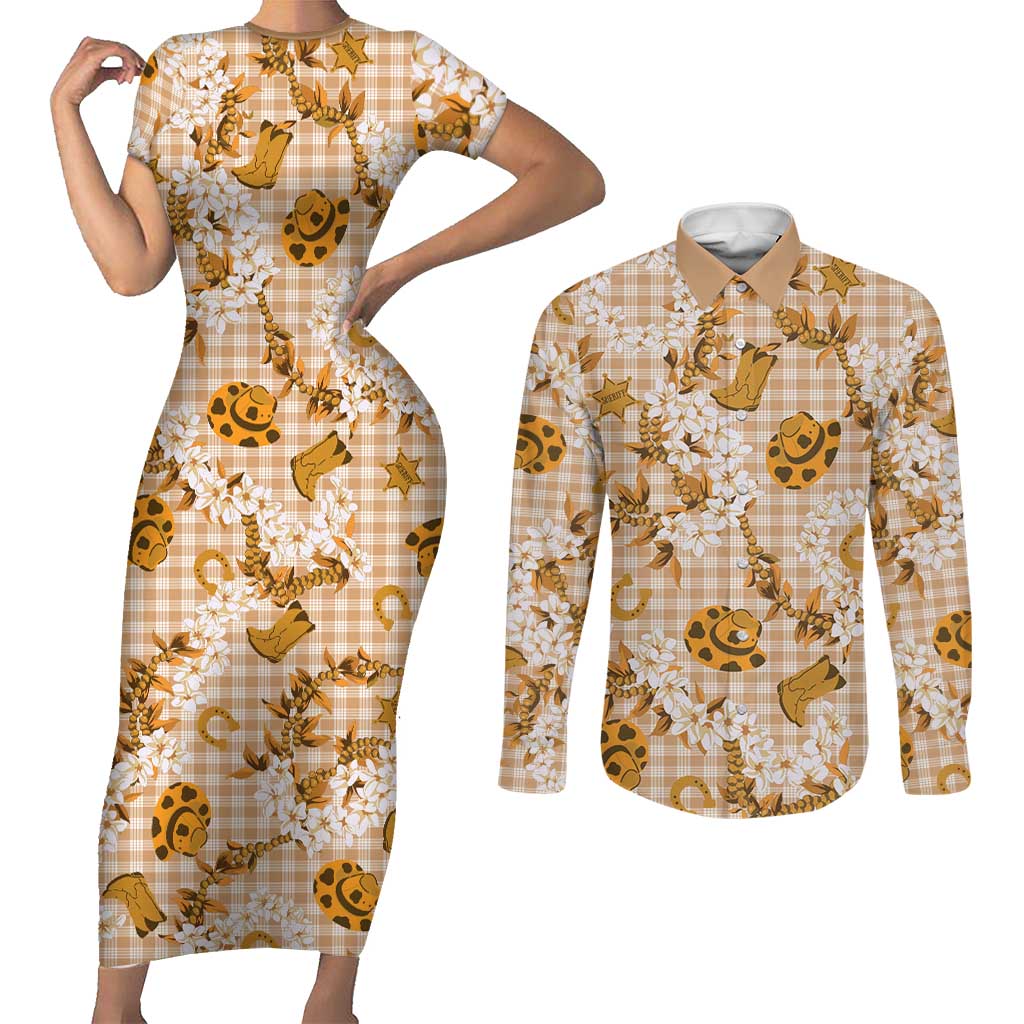 Mokihana Maile Ilima Leis Paniolo Palaka Couples Matching Short Sleeve Bodycon Dress and Long Sleeve Button Shirt Hawaiian Kula Spirit - Polynesian Pride