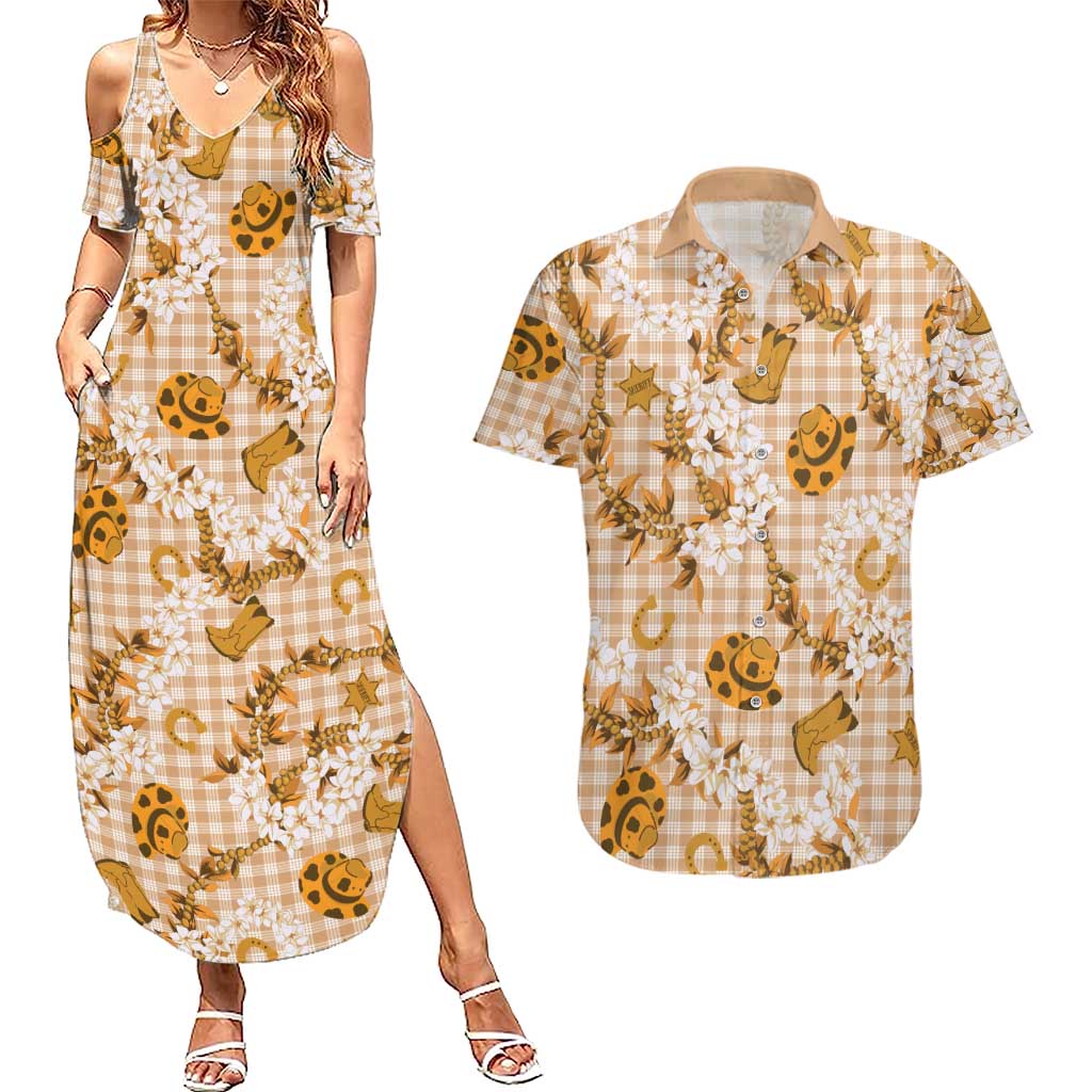 Mokihana Maile Ilima Leis Paniolo Palaka Couples Matching Summer Maxi Dress and Hawaiian Shirt Hawaiian Kula Spirit LT9 Gold - Polynesian Pride