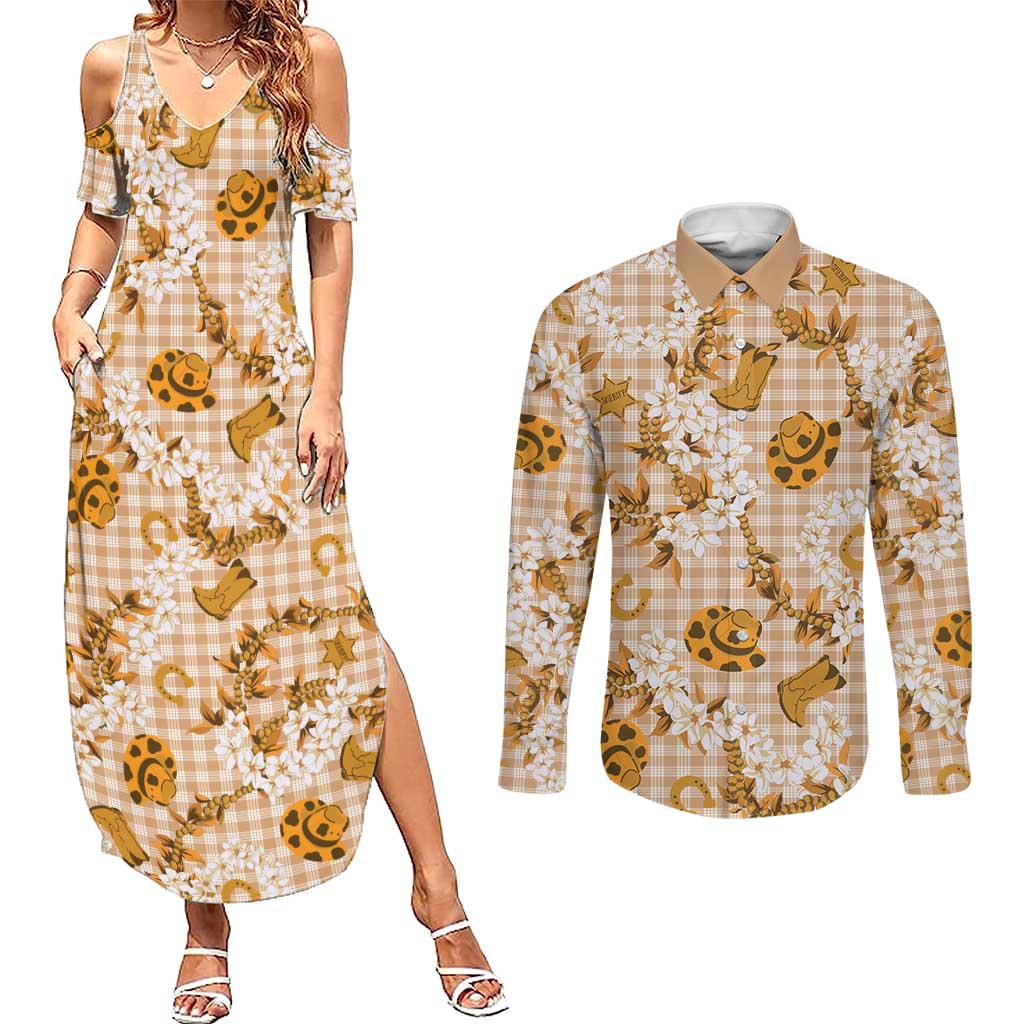 Mokihana Maile Ilima Leis Paniolo Palaka Couples Matching Summer Maxi Dress and Long Sleeve Button Shirt Hawaiian Kula Spirit LT9 Gold - Polynesian Pride