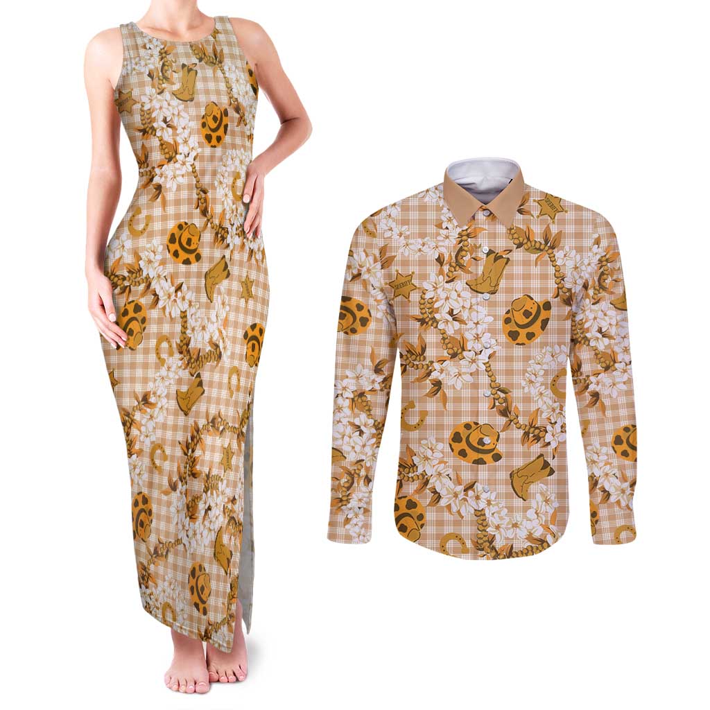 Mokihana Maile Ilima Leis Paniolo Palaka Couples Matching Tank Maxi Dress and Long Sleeve Button Shirt Hawaiian Kula Spirit LT9 Gold - Polynesian Pride