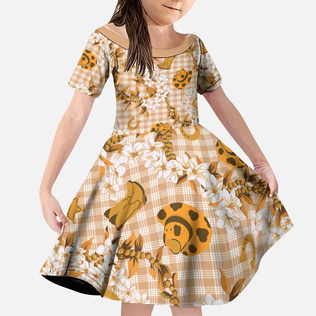 Mokihana Maile Ilima Leis Paniolo Palaka Family Matching Off Shoulder Maxi Dress and Hawaiian Shirt Hawaiian Kula Spirit LT9 Daughter's Dress Gold - Polynesian Pride