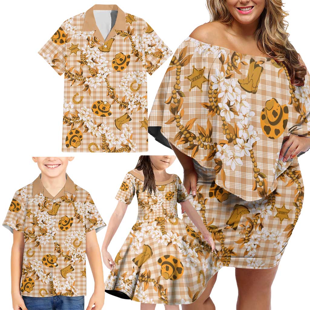 Mokihana Maile Ilima Leis Paniolo Palaka Family Matching Off Shoulder Short Dress and Hawaiian Shirt Hawaiian Kula Spirit - Polynesian Pride