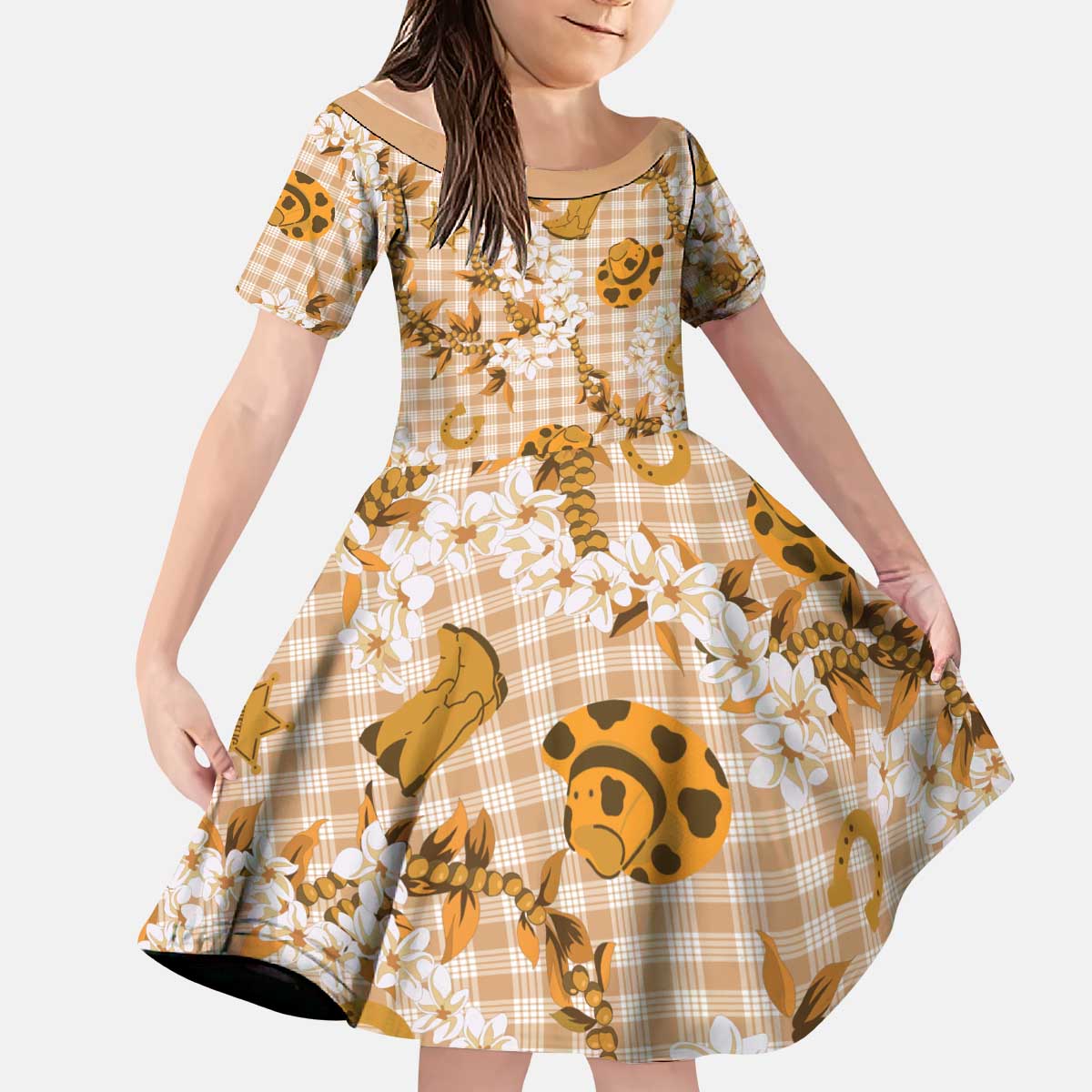Mokihana Maile Ilima Leis Paniolo Palaka Kid Short Sleeve Dress Hawaiian Kula Spirit LT9 KID Gold - Polynesian Pride