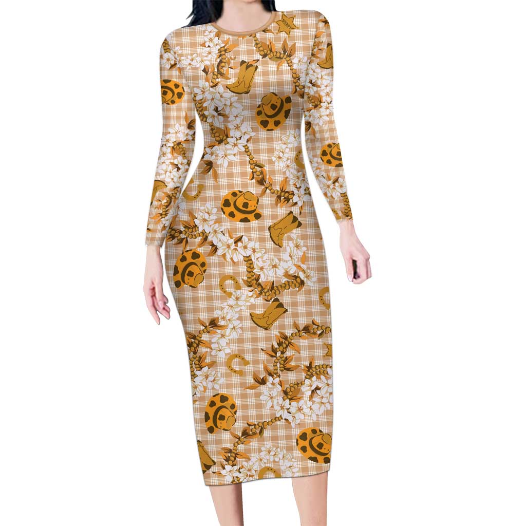 Mokihana Maile Ilima Leis Paniolo Palaka Long Sleeve Bodycon Dress Hawaiian Kula Spirit LT9 Long Dress Gold - Polynesian Pride