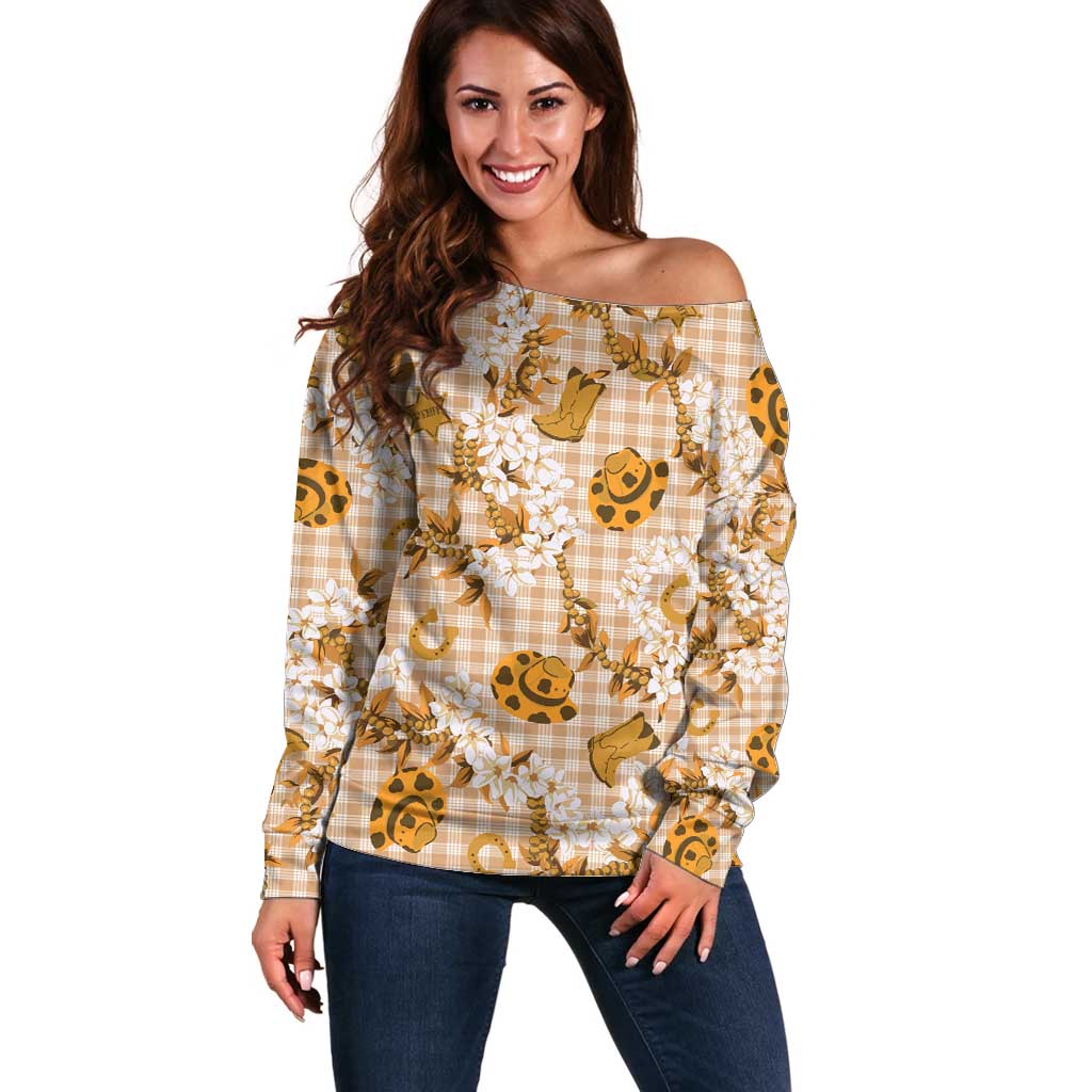 Mokihana Maile Ilima Leis Paniolo Palaka Off Shoulder Sweater Hawaiian Kula Spirit - Polynesian Pride
