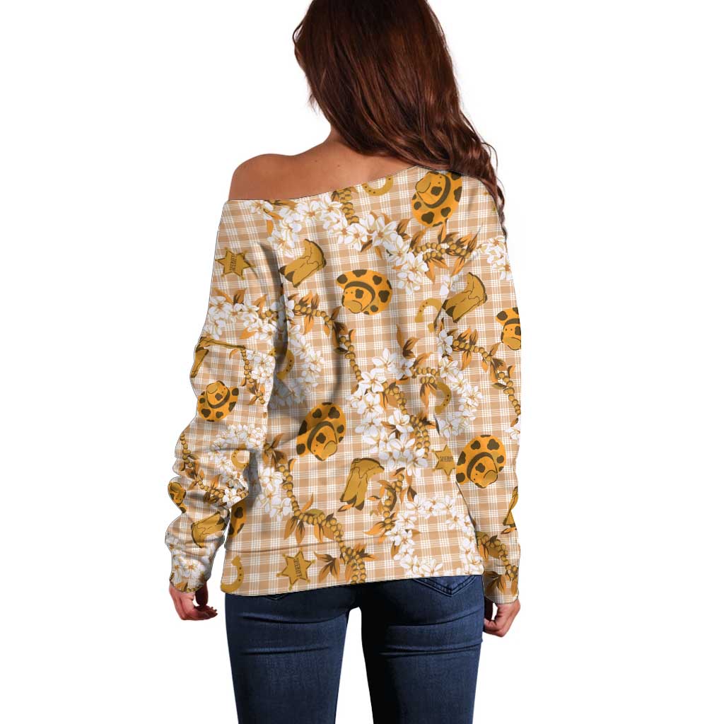 Mokihana Maile Ilima Leis Paniolo Palaka Off Shoulder Sweater Hawaiian Kula Spirit - Polynesian Pride