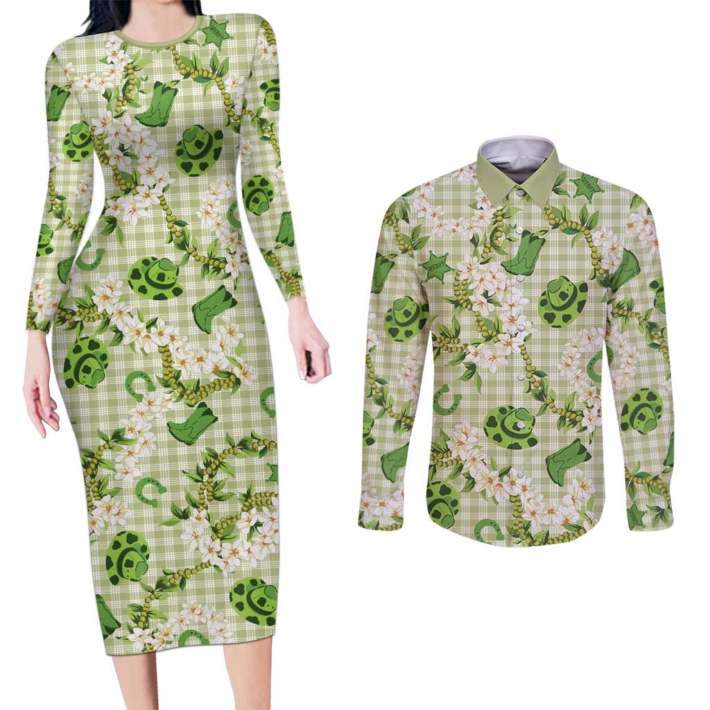 Mokihana Maile Ilima Leis Paniolo Palaka Couples Matching Long Sleeve Bodycon Dress and Long Sleeve Button Shirt Hawaiian Omaomo Ala Spirit LT9 Green - Polynesian Pride