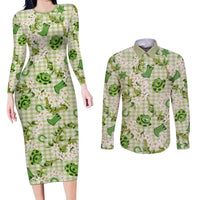 Mokihana Maile Ilima Leis Paniolo Palaka Couples Matching Long Sleeve Bodycon Dress and Long Sleeve Button Shirt Hawaiian Omaomo Ala Spirit LT9 Green - Polynesian Pride