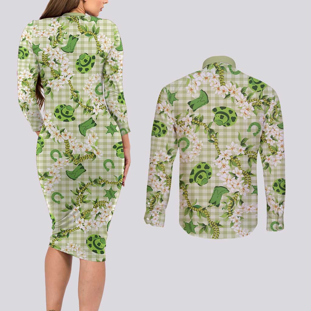 Mokihana Maile Ilima Leis Paniolo Palaka Couples Matching Long Sleeve Bodycon Dress and Long Sleeve Button Shirt Hawaiian Omaomo Ala Spirit LT9 - Polynesian Pride