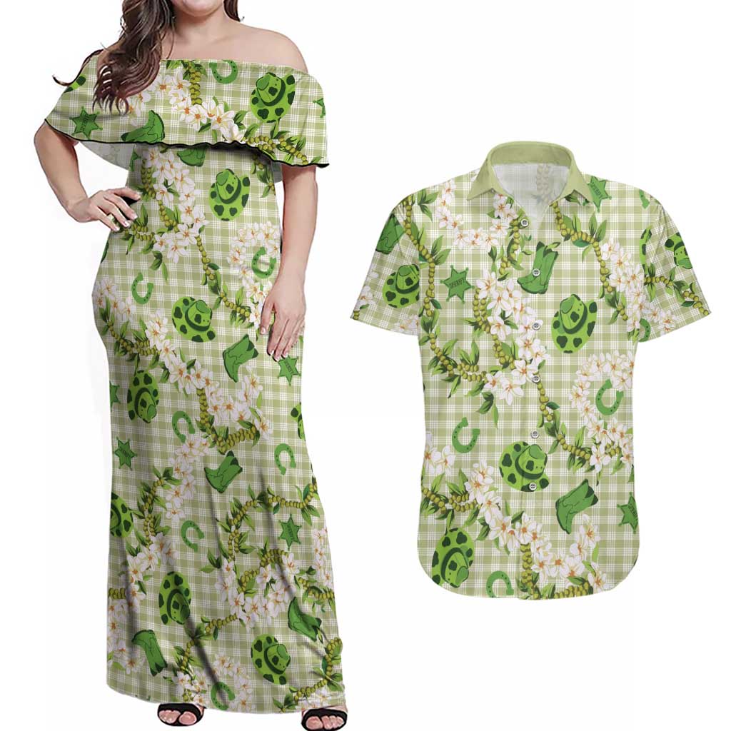 Mokihana Maile Ilima Leis Paniolo Palaka Couples Matching Off Shoulder Maxi Dress and Hawaiian Shirt Hawaiian Omaomo Ala Spirit LT9 Green - Polynesian Pride