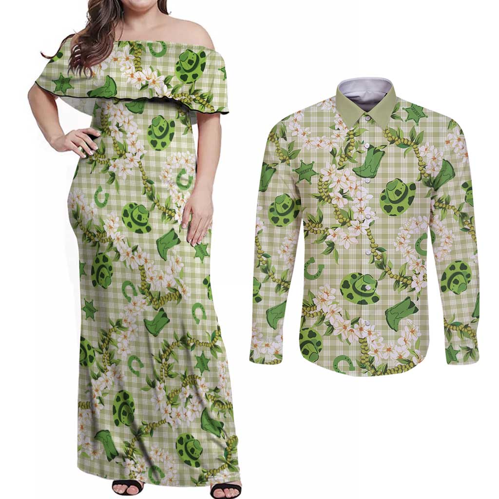 Mokihana Maile Ilima Leis Paniolo Palaka Couples Matching Off Shoulder Maxi Dress and Long Sleeve Button Shirt Hawaiian Omaomo Ala Spirit LT9 Green - Polynesian Pride