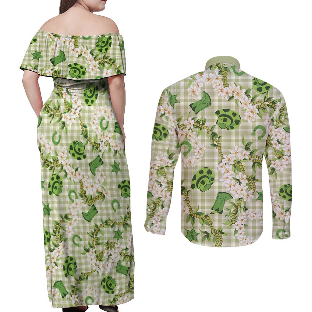 Mokihana Maile Ilima Leis Paniolo Palaka Couples Matching Off Shoulder Maxi Dress and Long Sleeve Button Shirt Hawaiian Omaomo Ala Spirit LT9 - Polynesian Pride