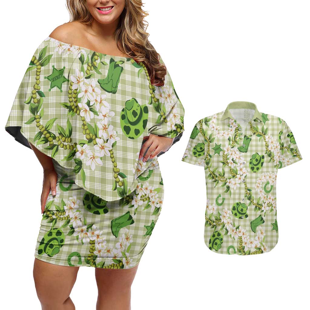 Mokihana Maile Ilima Leis Paniolo Palaka Couples Matching Off Shoulder Short Dress and Hawaiian Shirt Hawaiian Omaomo Ala Spirit - Polynesian Pride