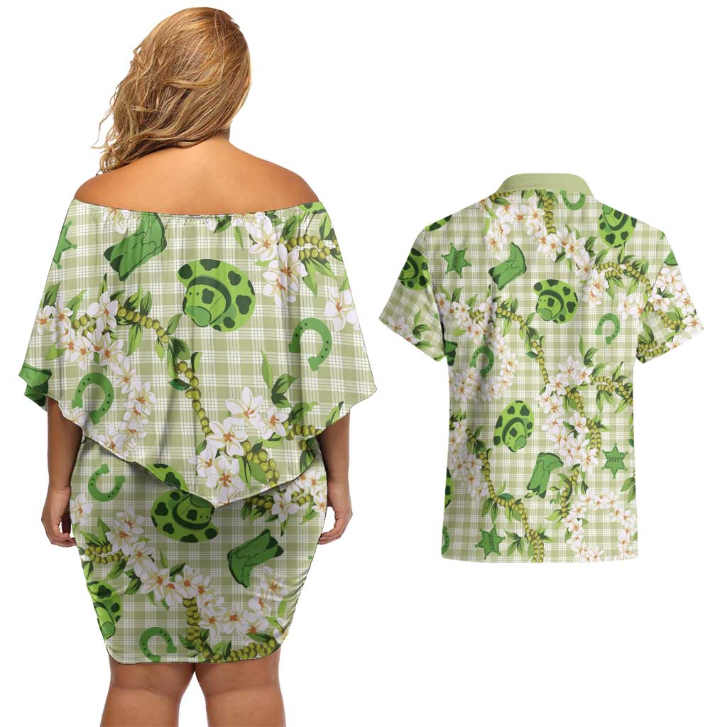 Mokihana Maile Ilima Leis Paniolo Palaka Couples Matching Off Shoulder Short Dress and Hawaiian Shirt Hawaiian Omaomo Ala Spirit LT9 - Polynesian Pride