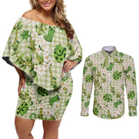 Mokihana Maile Ilima Leis Paniolo Palaka Couples Matching Off Shoulder Short Dress and Long Sleeve Button Shirt Hawaiian Omaomo Ala Spirit LT9 Green - Polynesian Pride