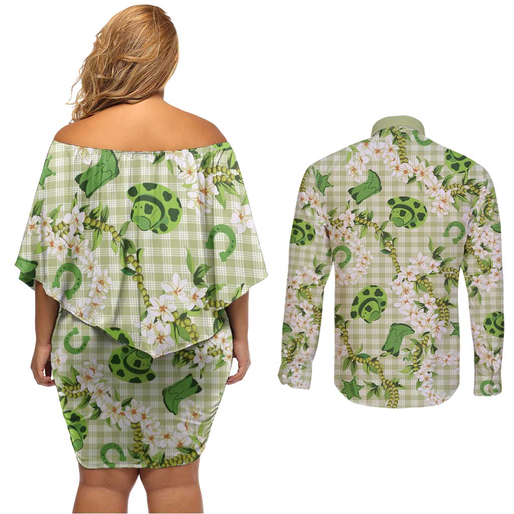 Mokihana Maile Ilima Leis Paniolo Palaka Couples Matching Off Shoulder Short Dress and Long Sleeve Button Shirt Hawaiian Omaomo Ala Spirit LT9 - Polynesian Pride