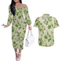 Mokihana Maile Ilima Leis Paniolo Palaka Couples Matching Off The Shoulder Long Sleeve Dress and Hawaiian Shirt Hawaiian Omaomo Ala Spirit LT9 Green - Polynesian Pride