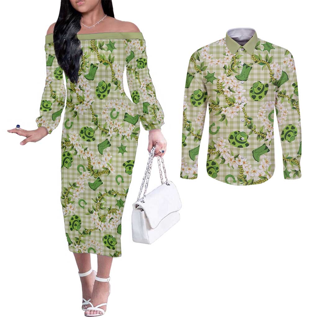 Mokihana Maile Ilima Leis Paniolo Palaka Couples Matching Off The Shoulder Long Sleeve Dress and Long Sleeve Button Shirt Hawaiian Omaomo Ala Spirit - Polynesian Pride