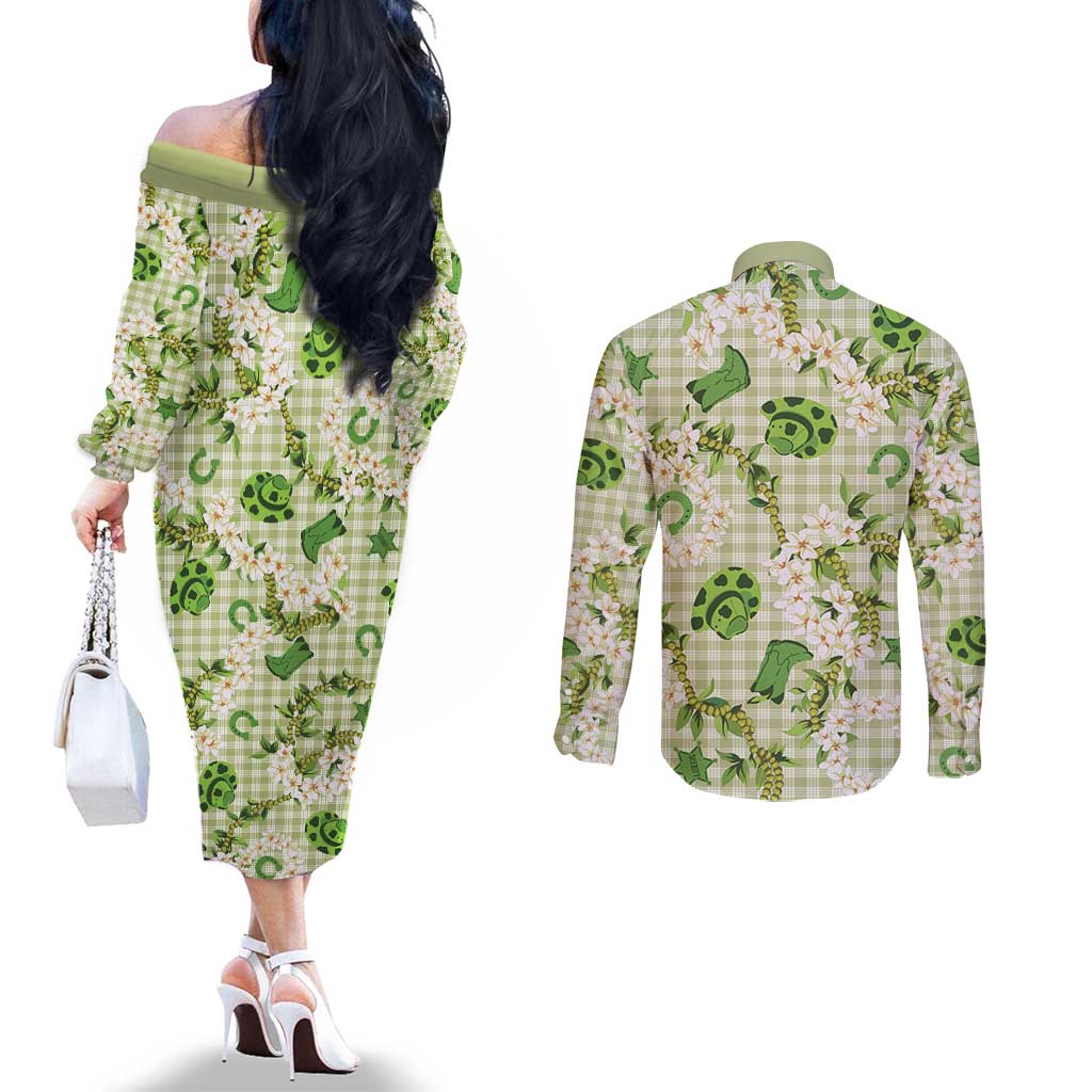 Mokihana Maile Ilima Leis Paniolo Palaka Couples Matching Off The Shoulder Long Sleeve Dress and Long Sleeve Button Shirt Hawaiian Omaomo Ala Spirit LT9 - Polynesian Pride