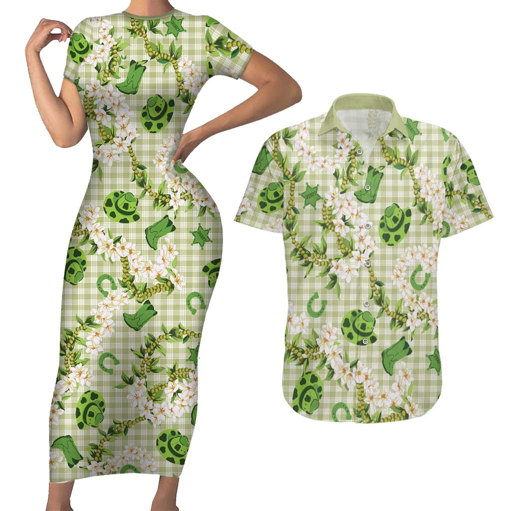 Mokihana Maile Ilima Leis Paniolo Palaka Couples Matching Short Sleeve Bodycon Dress and Hawaiian Shirt Hawaiian Omaomo Ala Spirit LT9 Green - Polynesian Pride