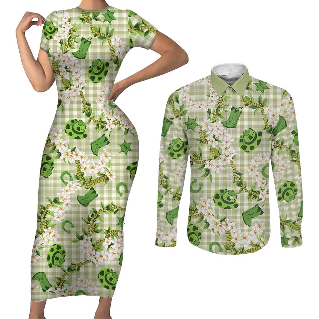 Mokihana Maile Ilima Leis Paniolo Palaka Couples Matching Short Sleeve Bodycon Dress and Long Sleeve Button Shirt Hawaiian Omaomo Ala Spirit LT9 Green - Polynesian Pride