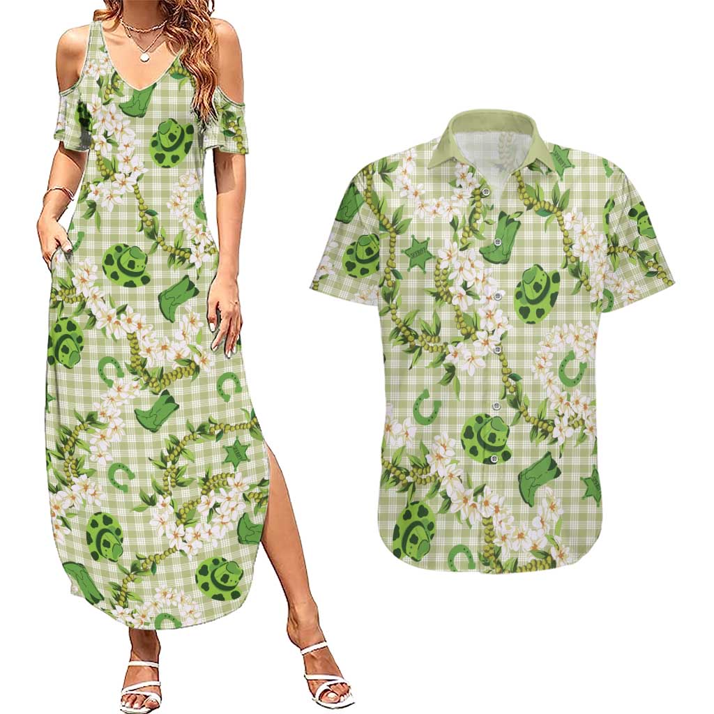 Mokihana Maile Ilima Leis Paniolo Palaka Couples Matching Summer Maxi Dress and Hawaiian Shirt Hawaiian Omaomo Ala Spirit LT9 Green - Polynesian Pride