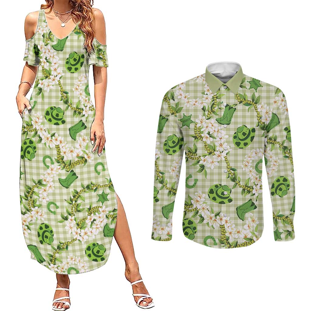 Mokihana Maile Ilima Leis Paniolo Palaka Couples Matching Summer Maxi Dress and Long Sleeve Button Shirt Hawaiian Omaomo Ala Spirit LT9 Green - Polynesian Pride