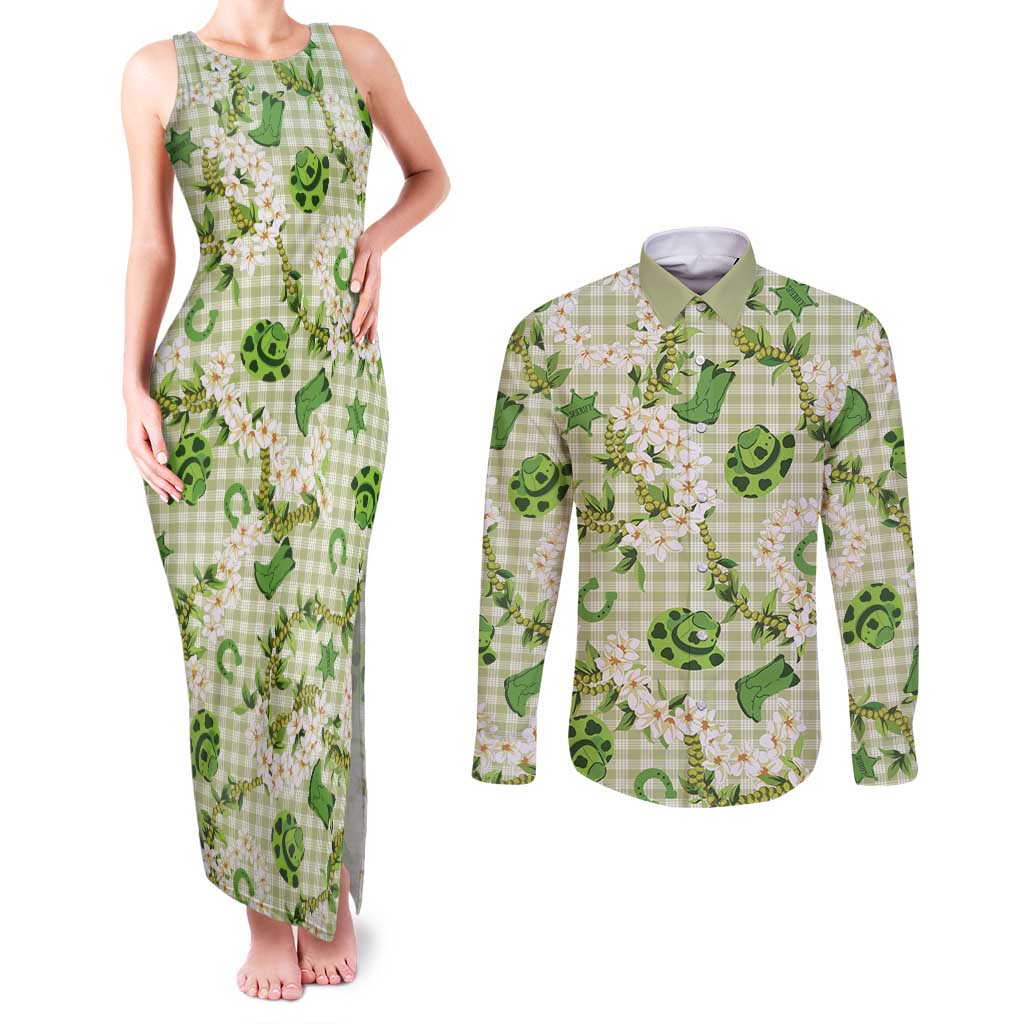 Mokihana Maile Ilima Leis Paniolo Palaka Couples Matching Tank Maxi Dress and Long Sleeve Button Shirt Hawaiian Omaomo Ala Spirit - Polynesian Pride