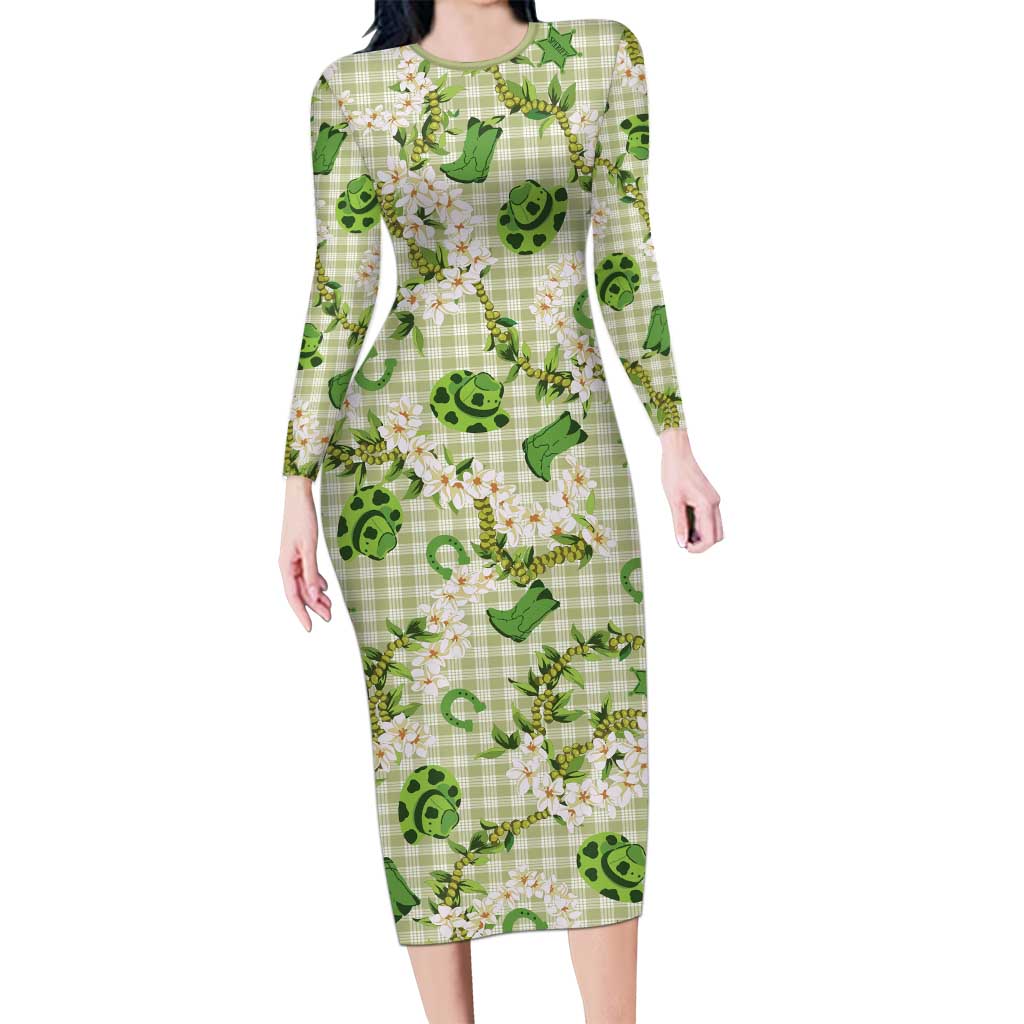 Mokihana Maile Ilima Leis Paniolo Palaka Family Matching Long Sleeve Bodycon Dress and Hawaiian Shirt Hawaiian Omaomo Ala Spirit LT9 Green - Polynesian Pride