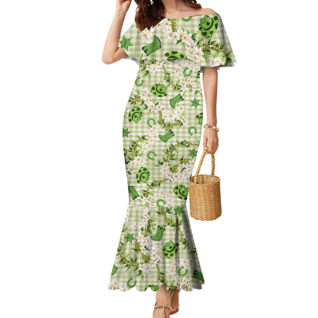 Mokihana Maile Ilima Leis Paniolo Palaka Family Matching Mermaid Dress and Hawaiian Shirt Hawaiian Omaomo Ala Spirit LT9 Green - Polynesian Pride